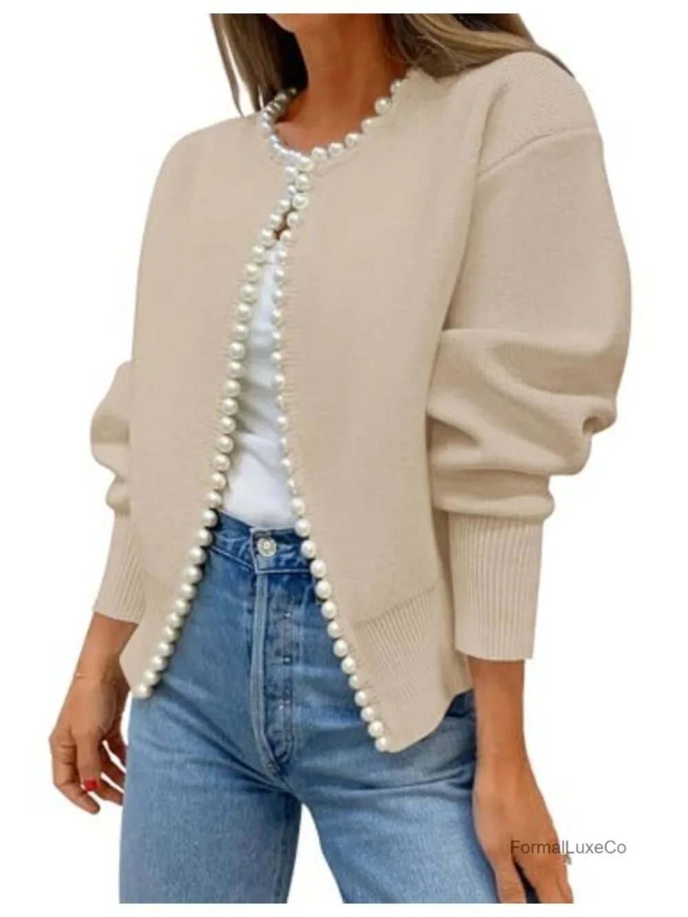 Pearls Trim Open Front Cardigan Sweater Women Long Sleeve Knit